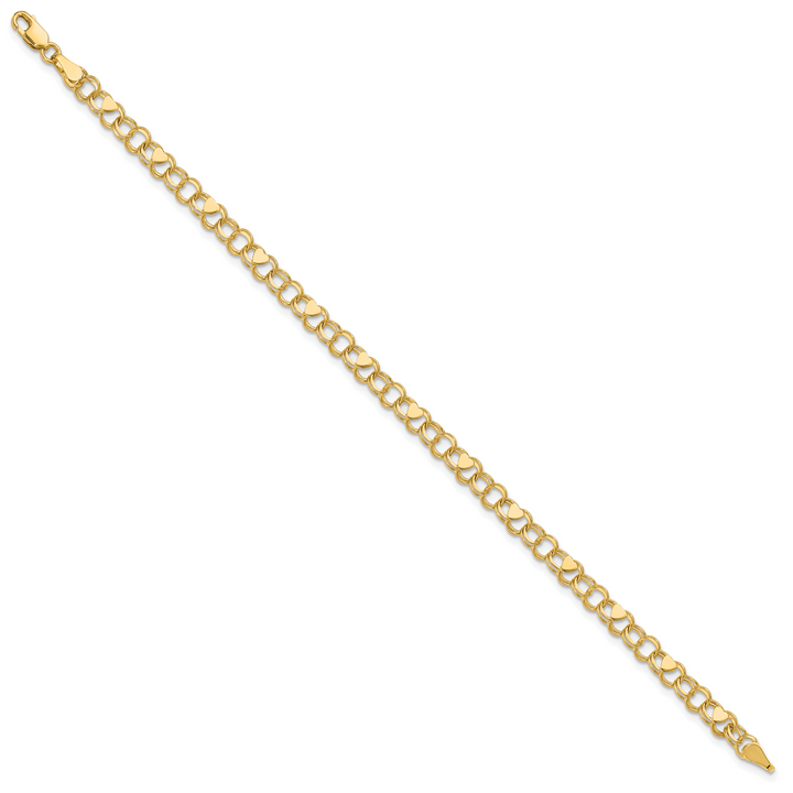10K Yellow Gold 4mm Solid Double Link with Hearts Charm Bracelet
