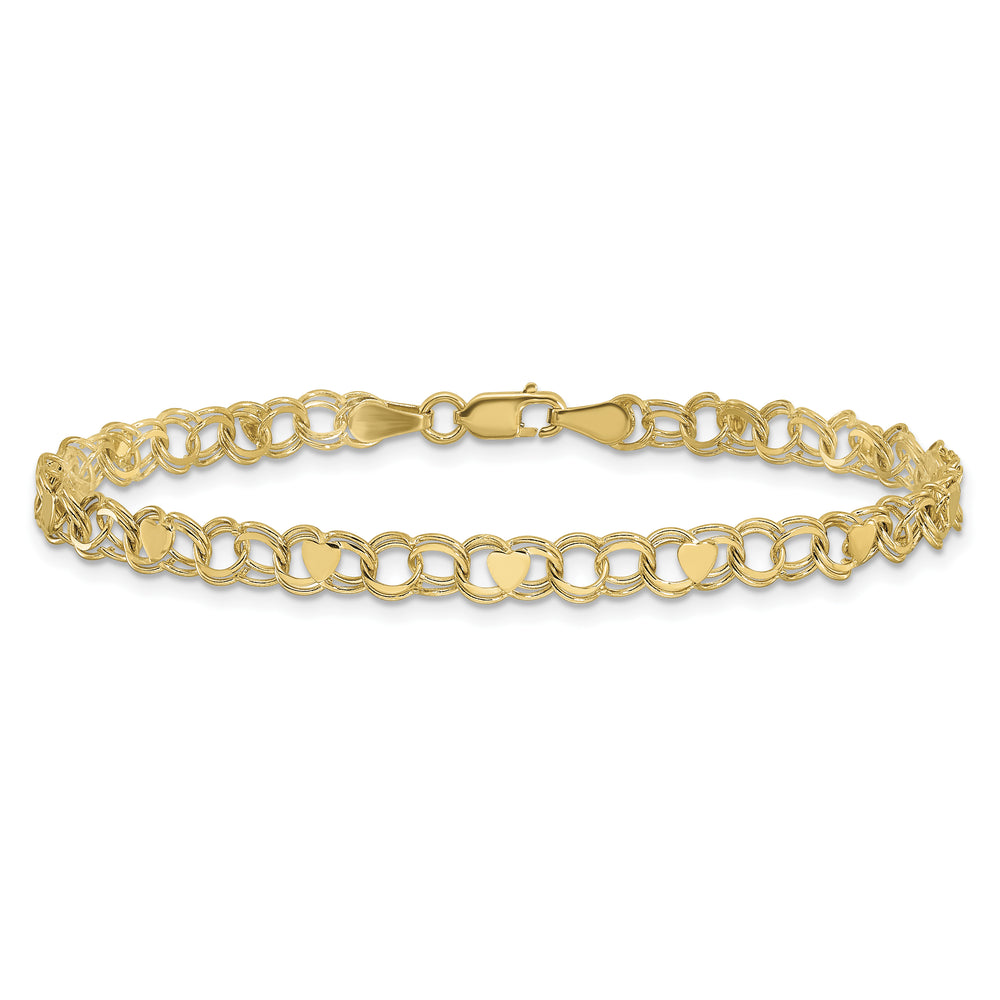 10K Yellow Gold 4mm Solid Double Link with Hearts Charm Bracelet