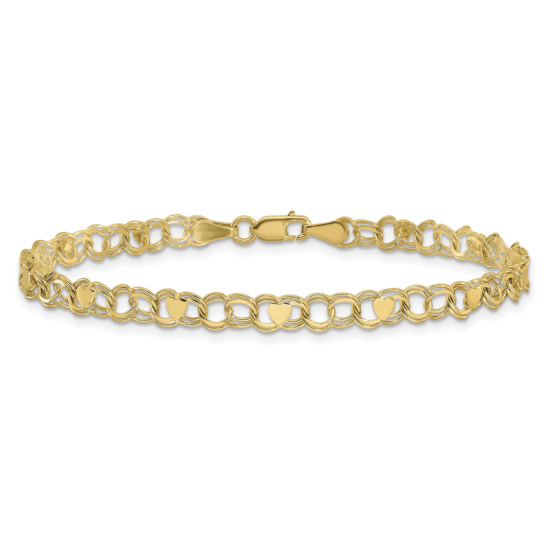10K Yellow Gold 4mm Solid Double Link with Hearts Charm Bracelet