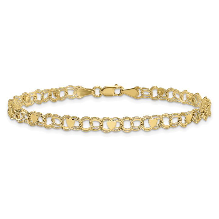 10K Yellow Gold 4mm Solid Double Link with Hearts Charm Bracelet