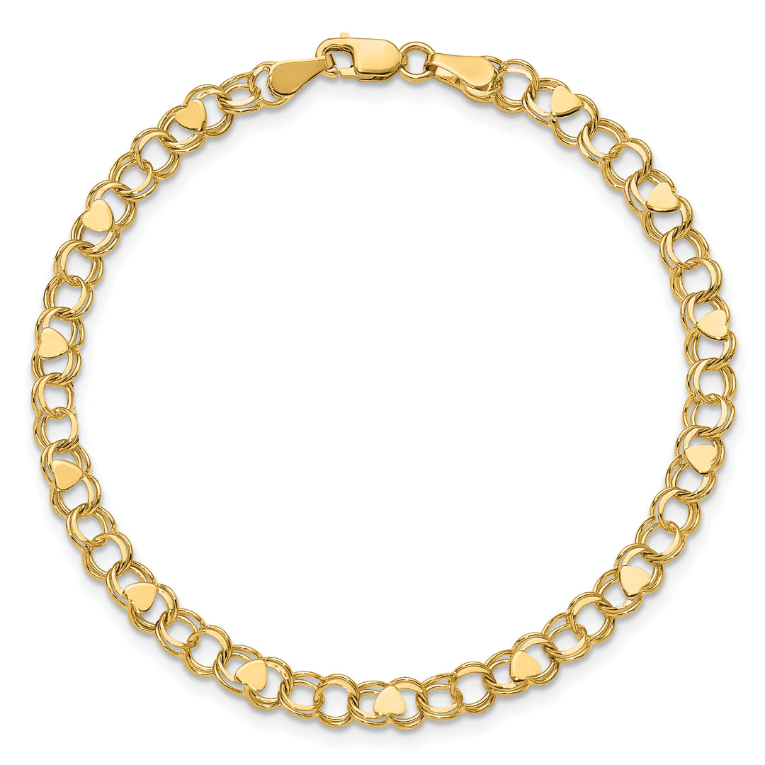 10K Yellow Gold 4mm Solid Double Link with Hearts Charm Bracelet