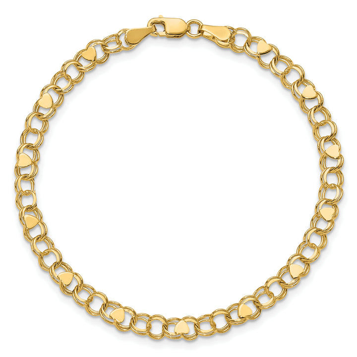 10K Yellow Gold 4mm Solid Double Link with Hearts Charm Bracelet