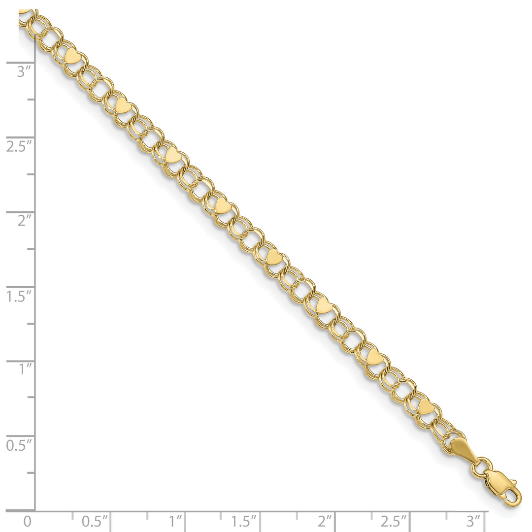 10K Yellow Gold 4mm Solid Double Link with Hearts Charm Bracelet