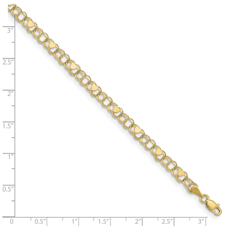 10K Yellow Gold 4mm Solid Double Link with Hearts Charm Bracelet
