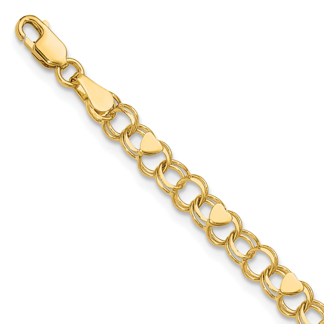 10K Yellow Gold 4mm Solid Double Link with Hearts Charm Bracelet