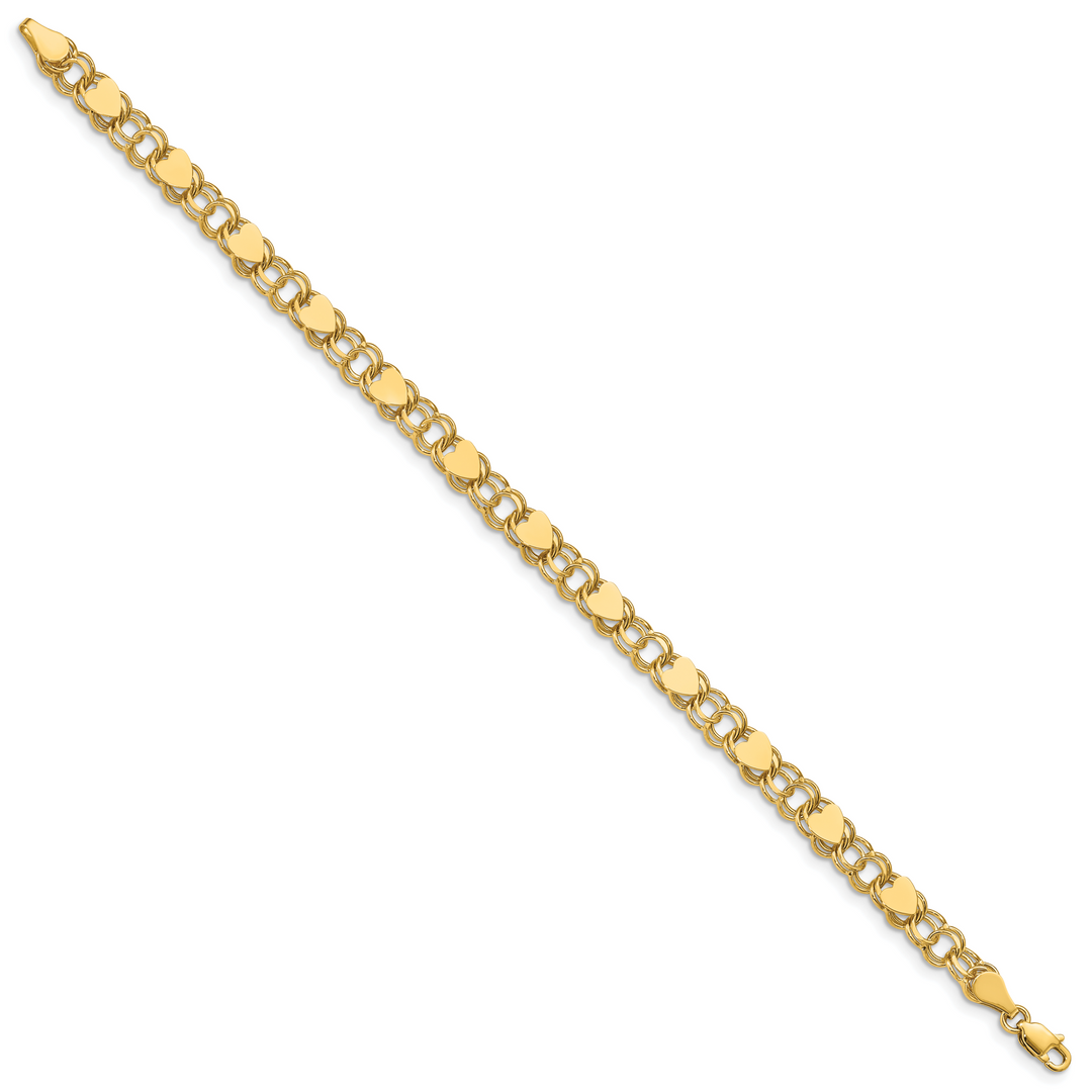 10K Yellow Gold 6mm Solid Double Link with Hearts Charm Bracelet
