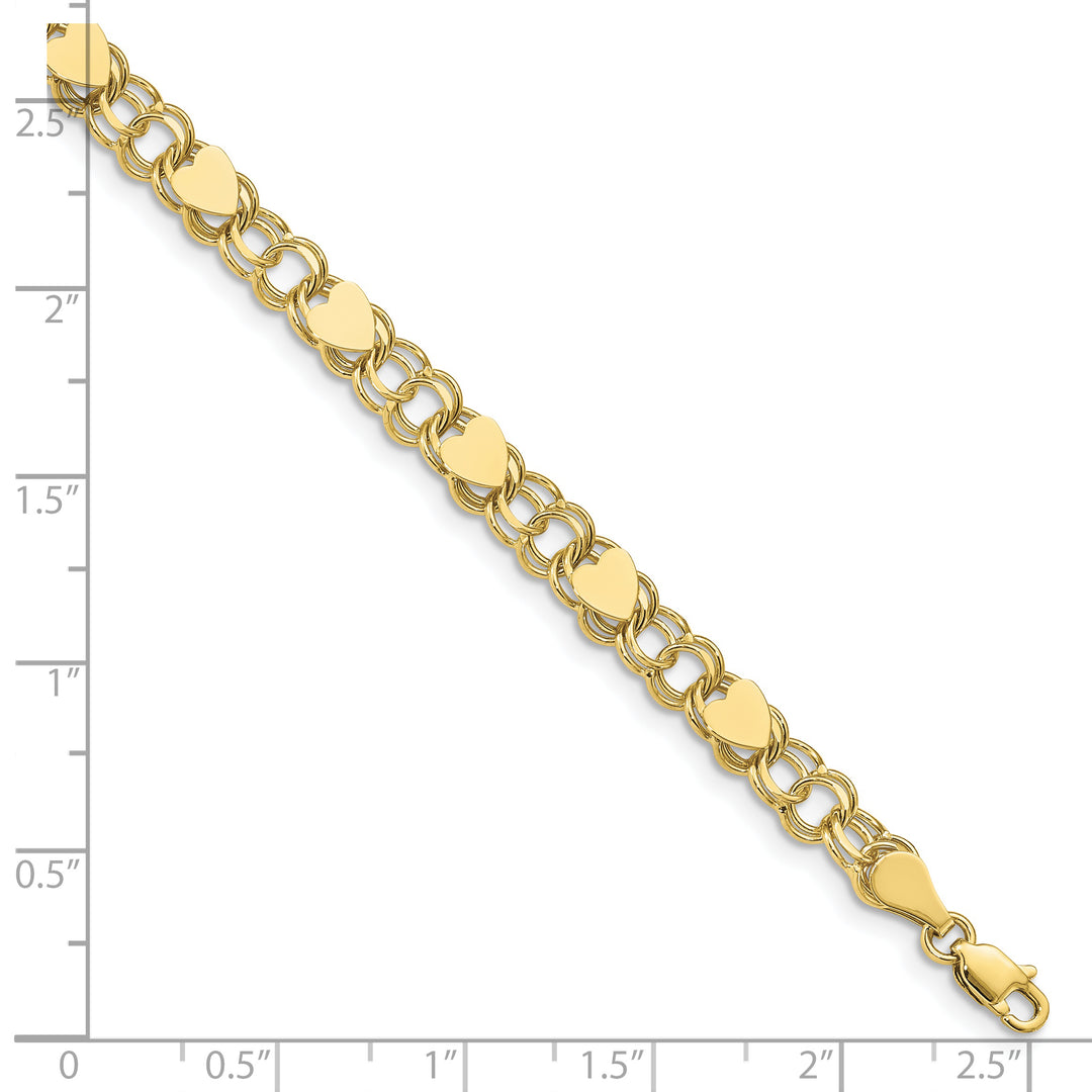 10K Yellow Gold 6mm Solid Double Link with Hearts Charm Bracelet