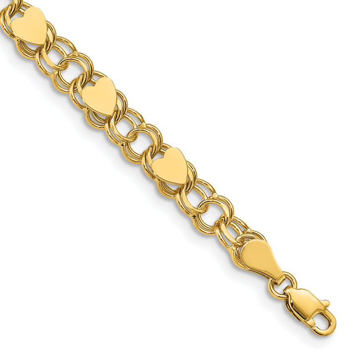 10K Yellow Gold 6mm Solid Double Link with Hearts Charm Bracelet