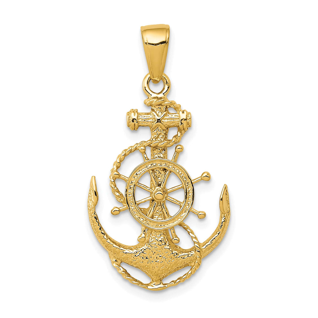 10K Yellow Gold Medium Anchor with Ships Wheel and Rope Pendant