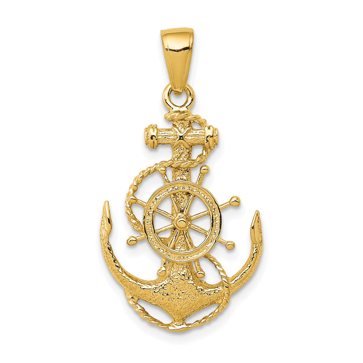 10K Yellow Gold Medium Anchor with Ships Wheel and Rope Pendant