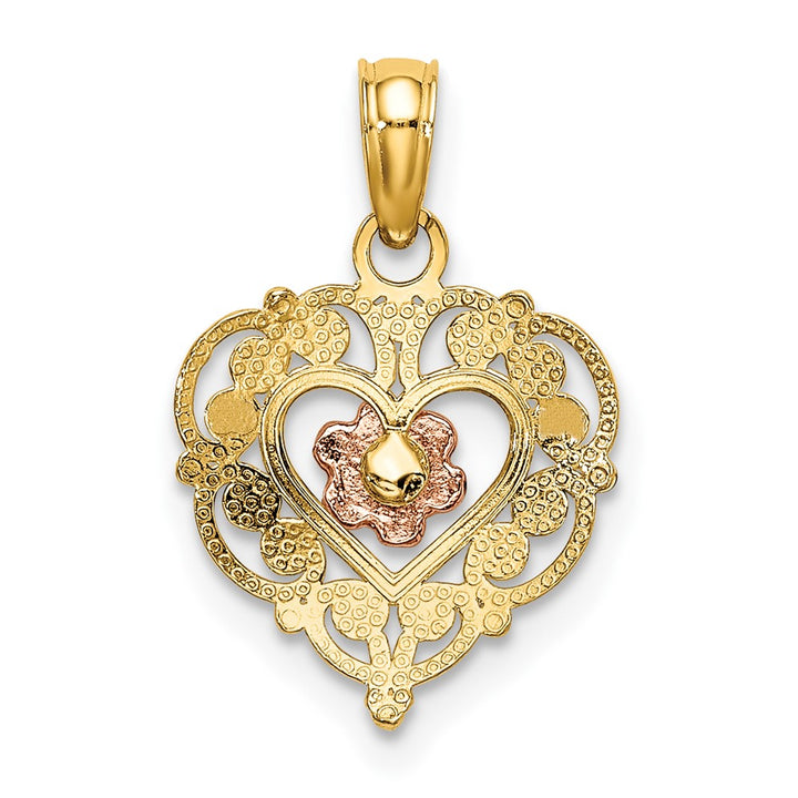 Lovely Rita's Pendants & Charms 10K Two-Tone Gold Polished Medium Flower in Fancy Border Heart Pendant