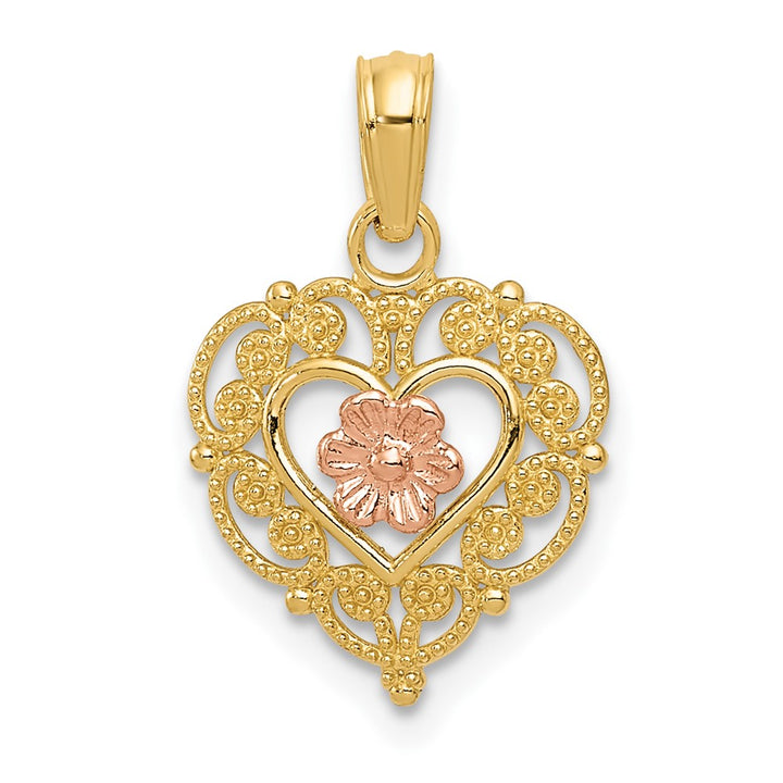 Lovely Rita's Pendants & Charms 10K Two-Tone Gold Polished Medium Flower in Fancy Border Heart Pendant