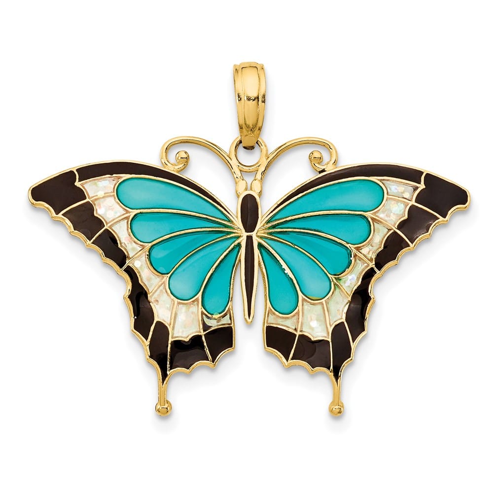 10K Yellow Gold Solid Medium Aqua and Black Enameled Butterfly Pendant