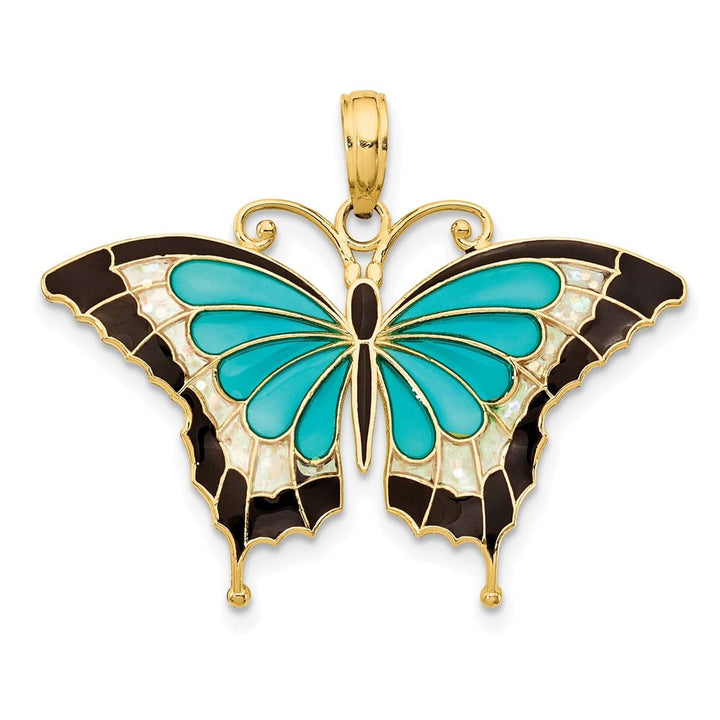 10K Yellow Gold Solid Medium Aqua and Black Enameled Butterfly Pendant