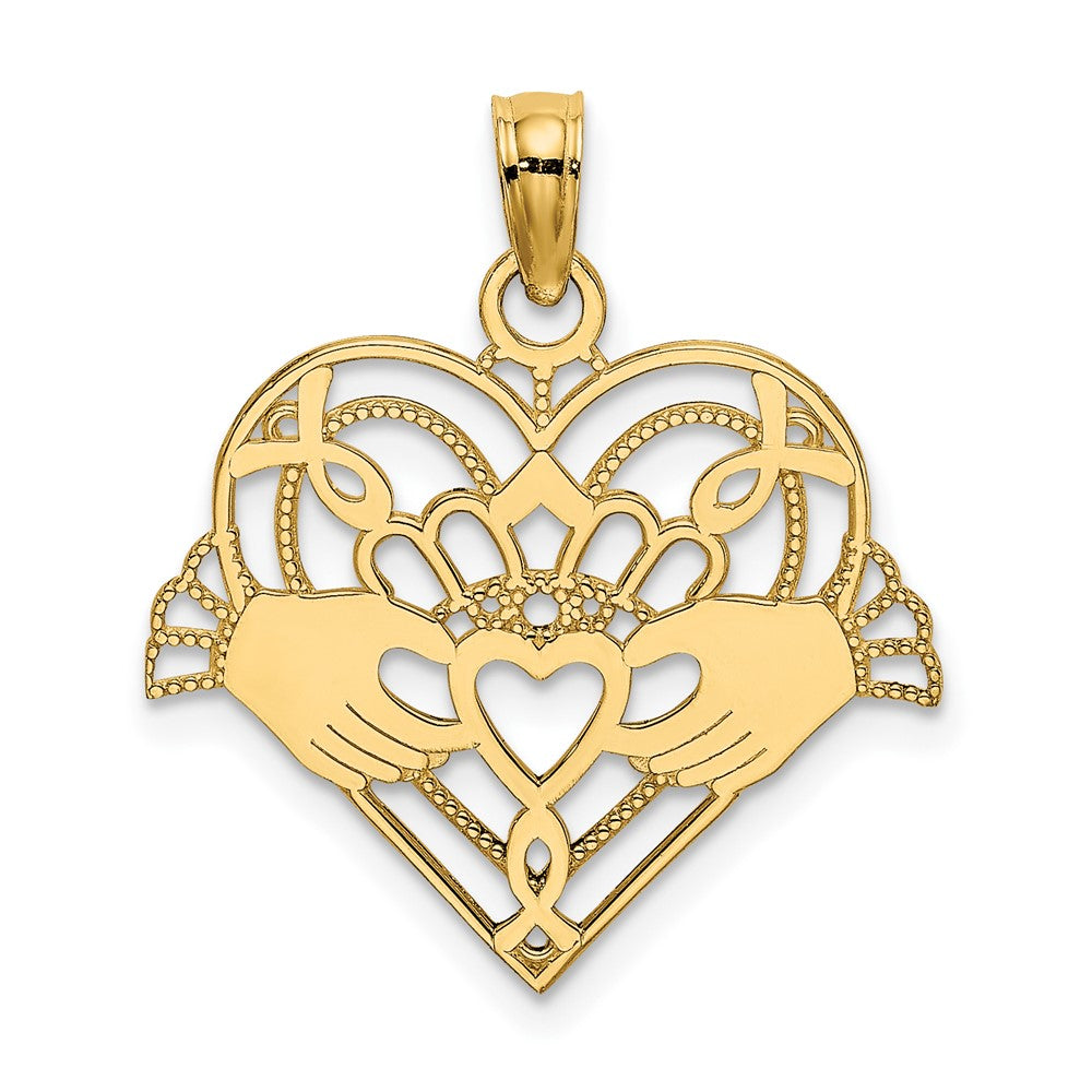 Lovely Rita's Pendants & Charms 10K Yellow Gold Polished and Beaded Medium Claddagh in Heart Charm