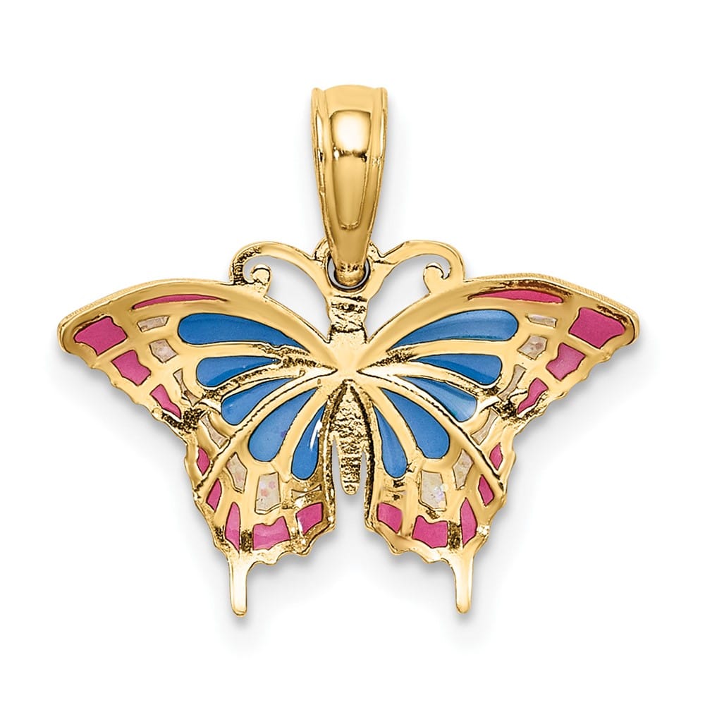 10K Yellow Gold Solid Small Blue and Red Enameled Butterfly Charm