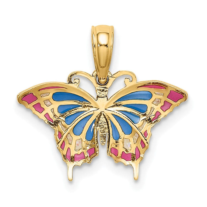 10K Yellow Gold Solid Small Blue and Red Enameled Butterfly Charm