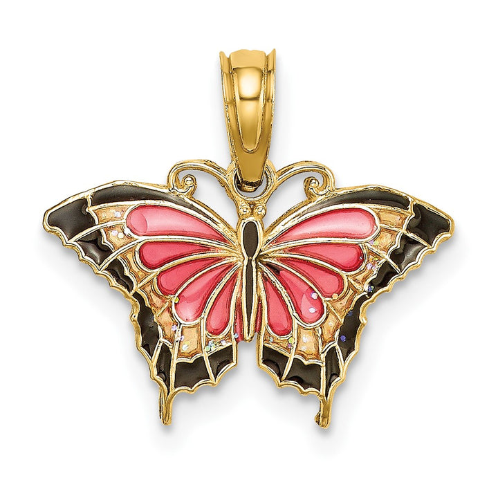 Lovely Rita's Pendants & Charms 10K Yellow Gold Solid Small Pink and Black Enameled Butterfly Charm