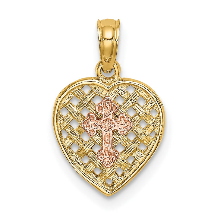 Lovely Rita's Pendants & Charms 10K Two-Tone Gold Solid Polished Small Cross on Woven Heart Charm