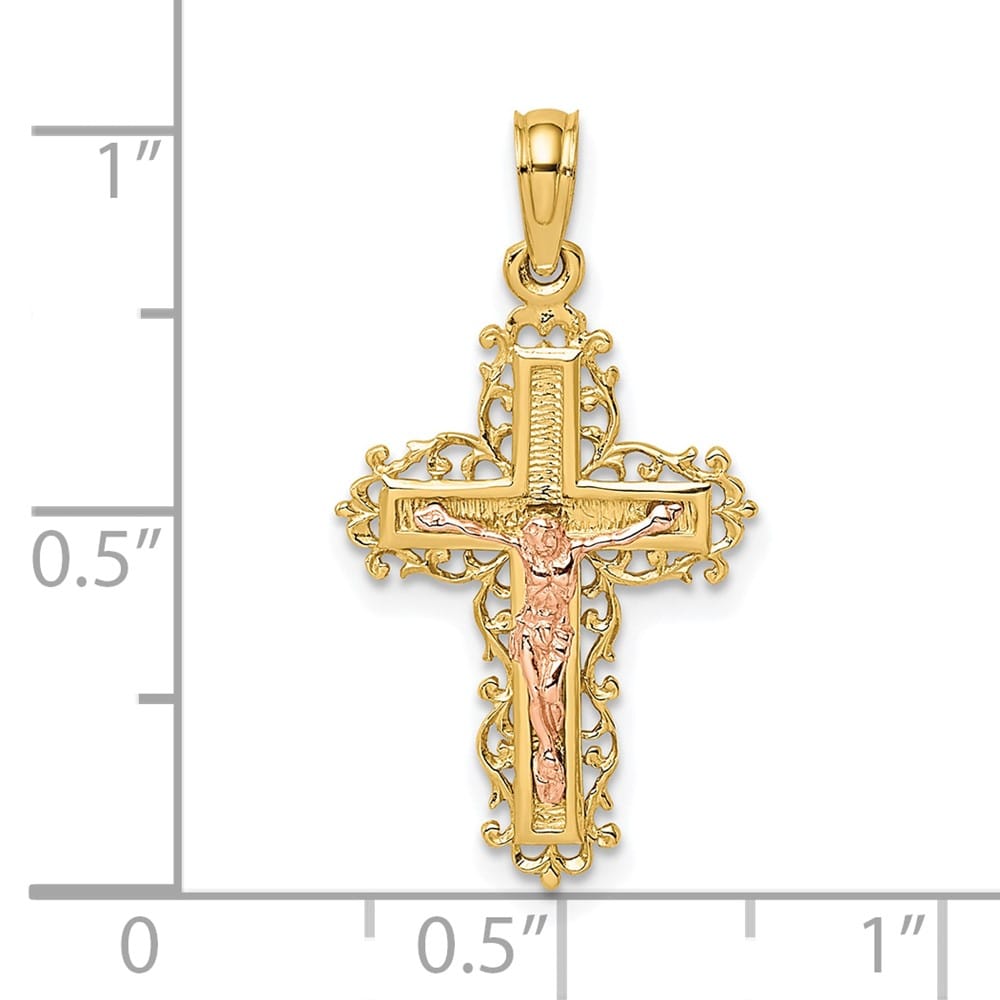 Lovely Rita's Pendants & Charms 10K Two-Tone Gold Solid Polished Large Crucifix with Lace Trim Charm