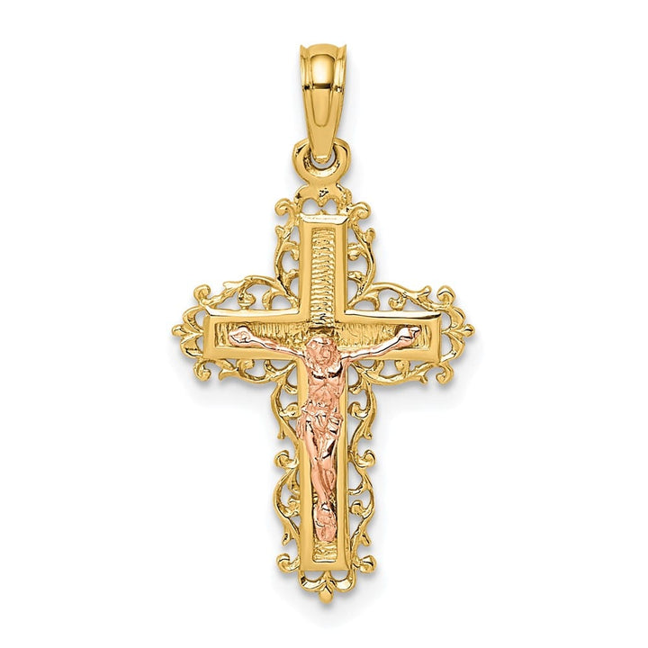 Lovely Rita's Pendants & Charms 10K Two-Tone Gold Solid Polished Large Crucifix with Lace Trim Charm