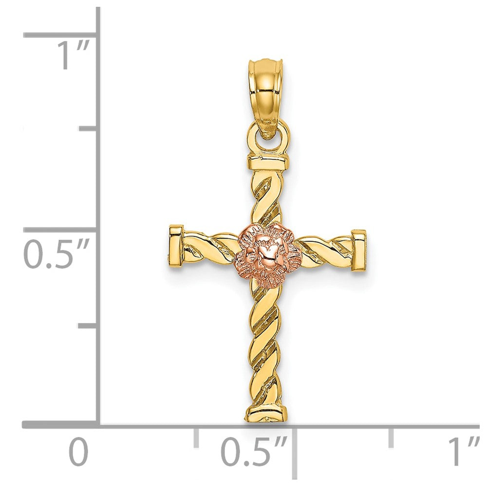 Lovely Rita's Pendants & Charms 10K Two-Tone Gold Medium Twisted Cross with Flower Center Charm