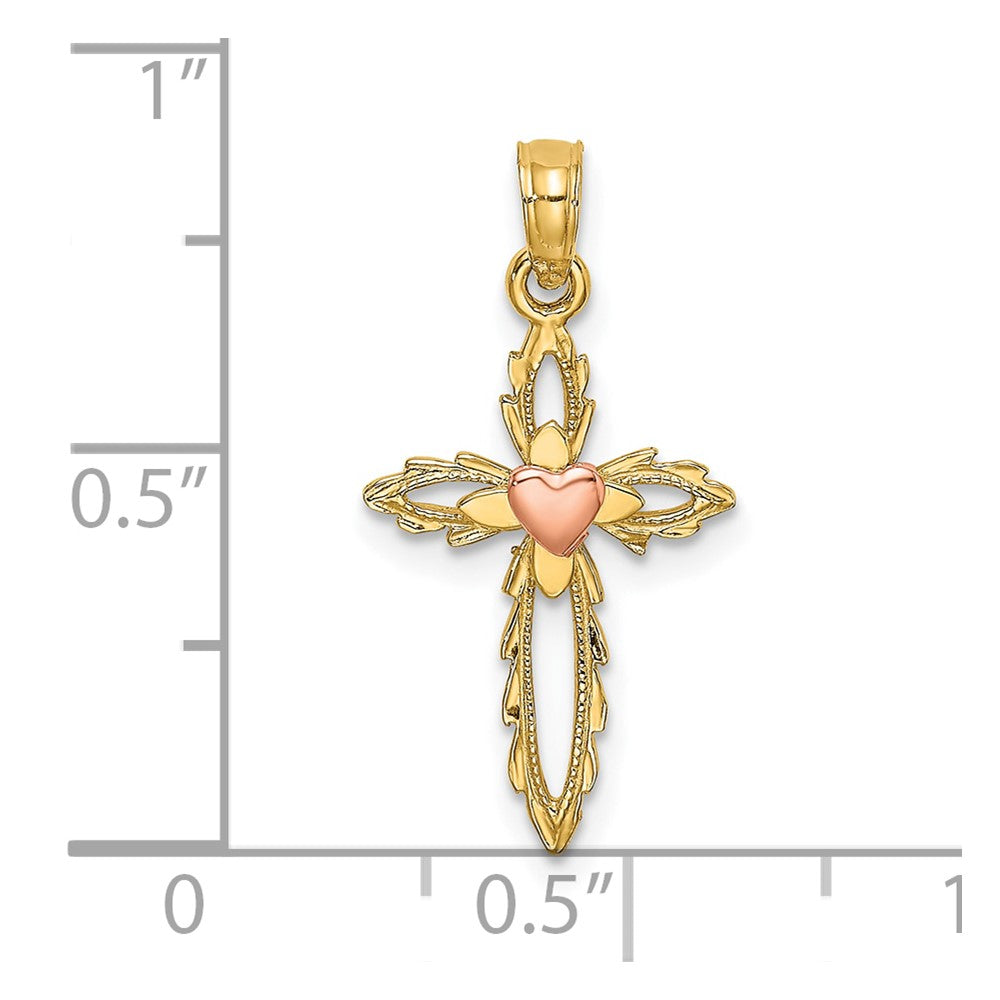 Lovely Rita's Pendants & Charms 10K Two-Tone Gold Solid Polished Medium Cross with Heart Center Charm