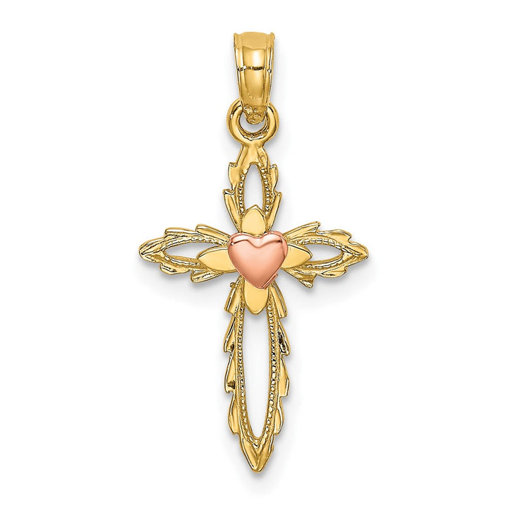 Lovely Rita's Pendants & Charms 10K Two-Tone Gold Solid Polished Medium Cross with Heart Center Charm
