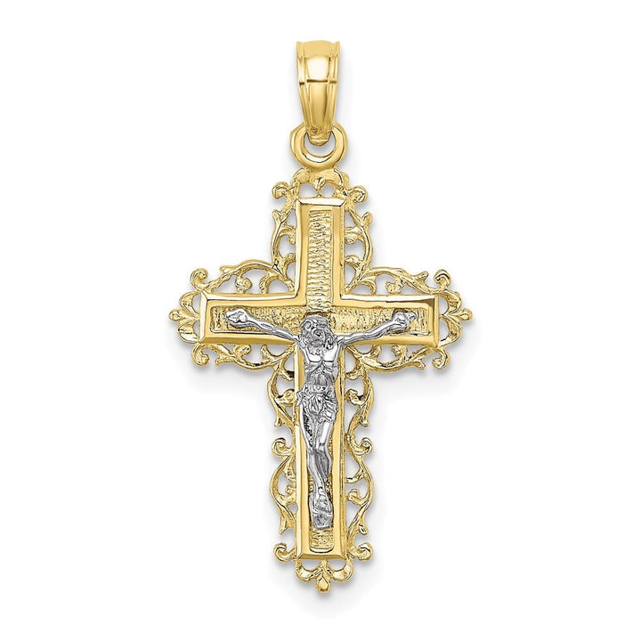 Lovely Rita's Pendants & Charms 10K Two-Tone Gold Textured Large with Lace Trim Crucifix Charm