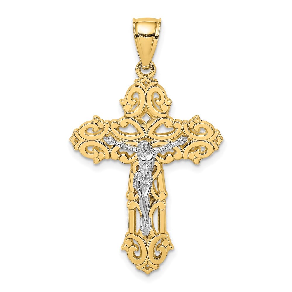 Lovely Rita's Pendants & Charms 10K Two-Tone Gold Large Fleur de Lis Crucifix with Scrolled Tips Charm