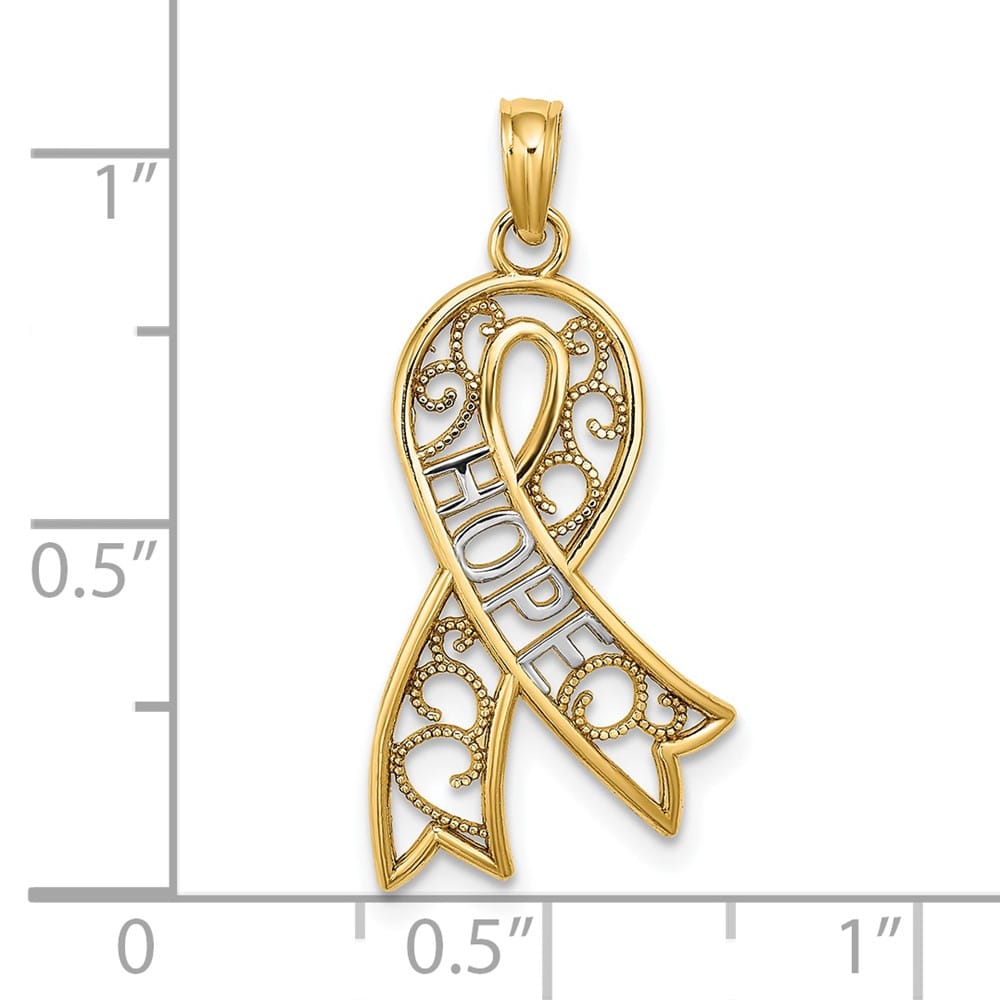 10K Yellow Gold Polished Large Hope Filigree Awareness Ribbon Charm