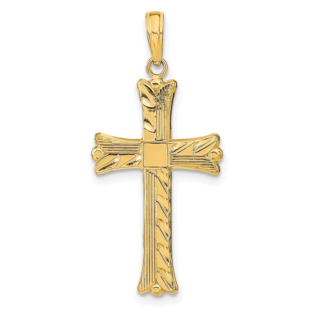 10K Yellow Gold Textured Large with Square Center Budded Cross Pendant