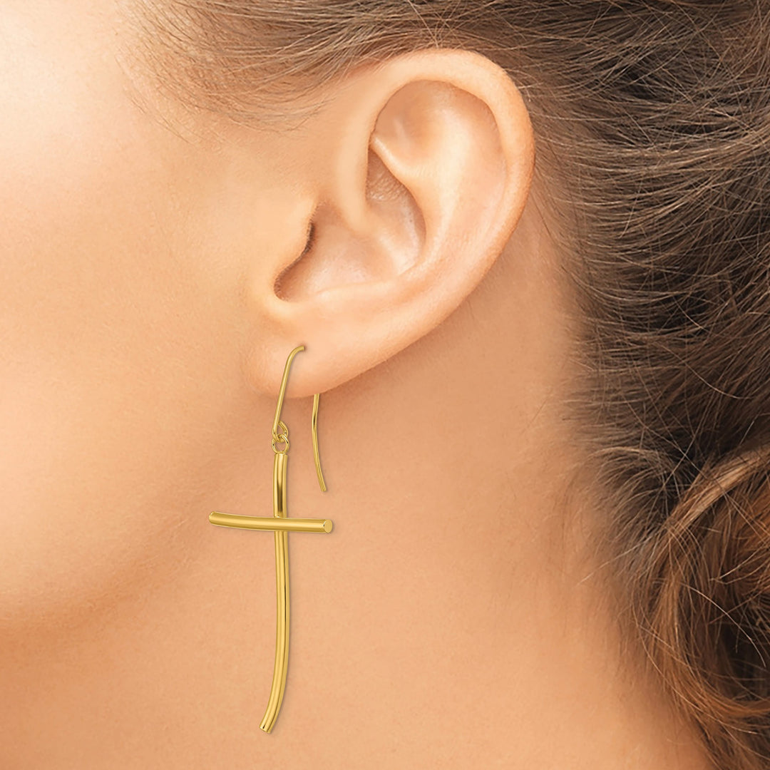 10k Yellow Gold Polished Cross Dangle Shepherd Hook Earrings