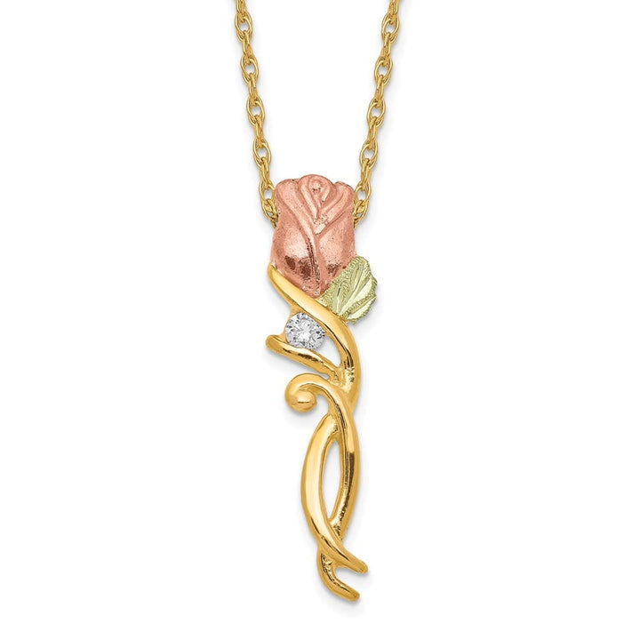 10K Black Hills Gold Diamond Long-stemmed Rose 18 inch Necklace
