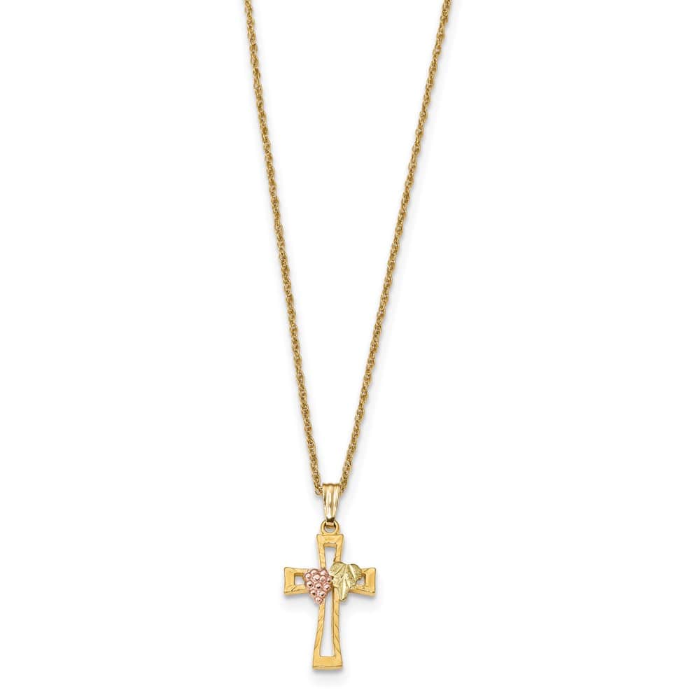 10K Black Hills Gold Grapes and Leaf on Cross 18 inch Necklace