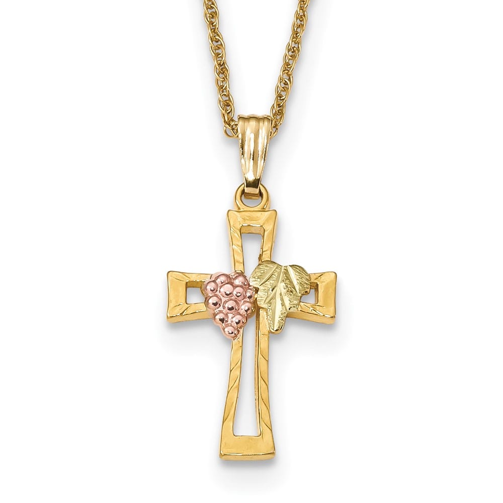10K Black Hills Gold Grapes and Leaf on Cross 18 inch Necklace