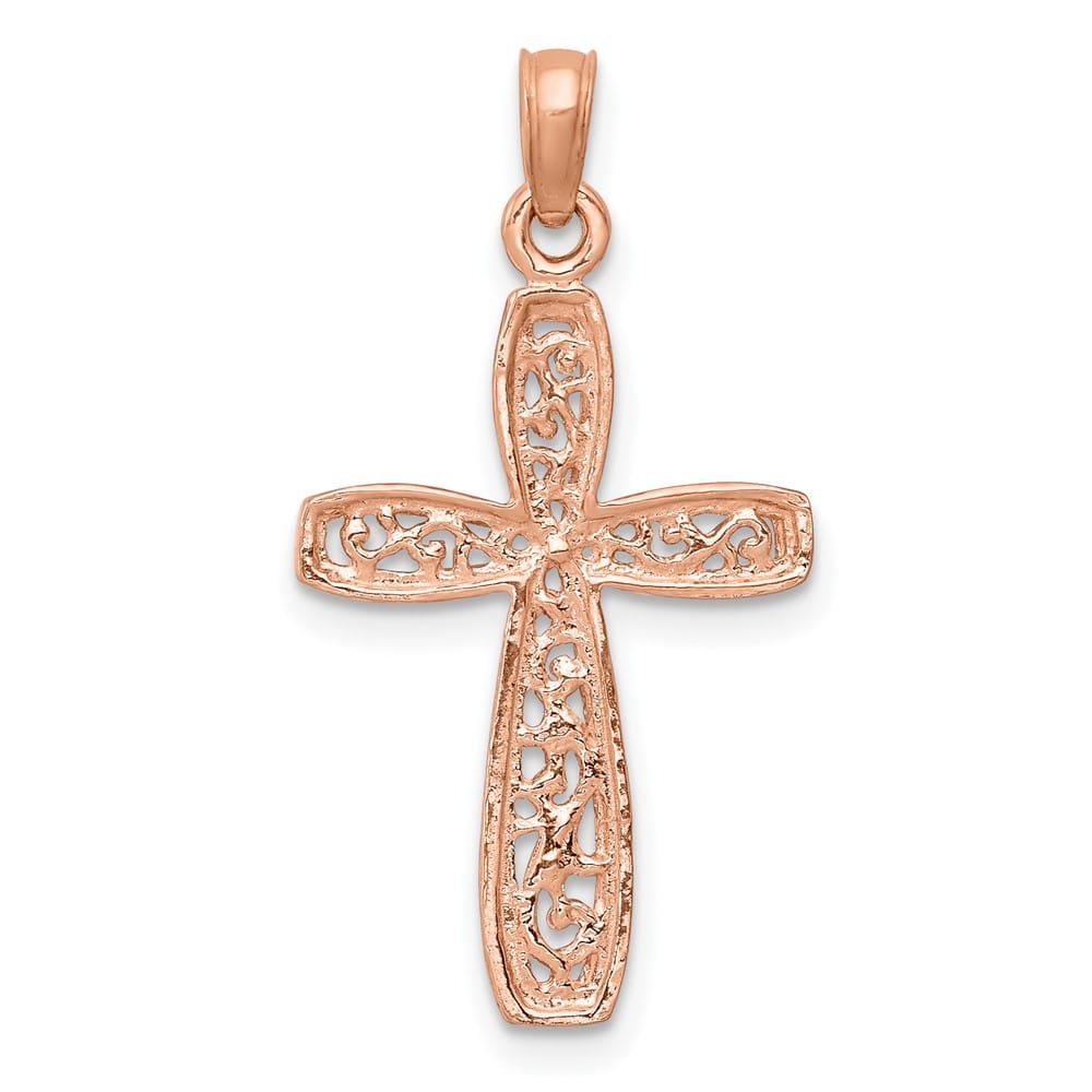 10K Rose Gold Polished Medium Rose Filigree Center Latin Cross Charm