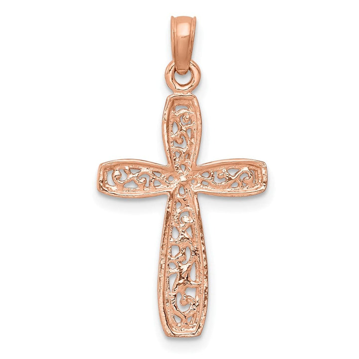 10K Rose Gold Polished Medium Rose Filigree Center Latin Cross Charm