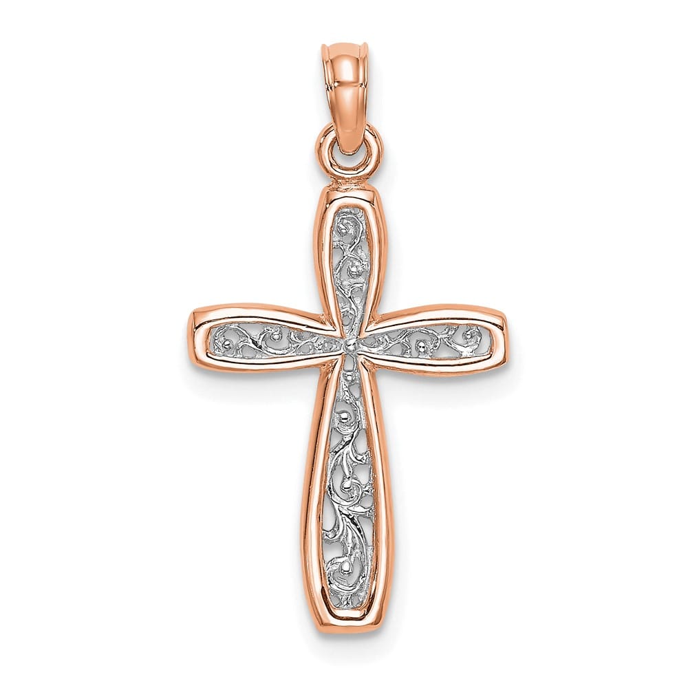 10K Rose Gold Polished Medium Rose Filigree Center Latin Cross Charm