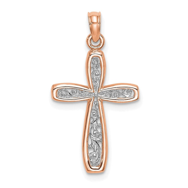 10K Rose Gold Polished Medium Rose Filigree Center Latin Cross Charm