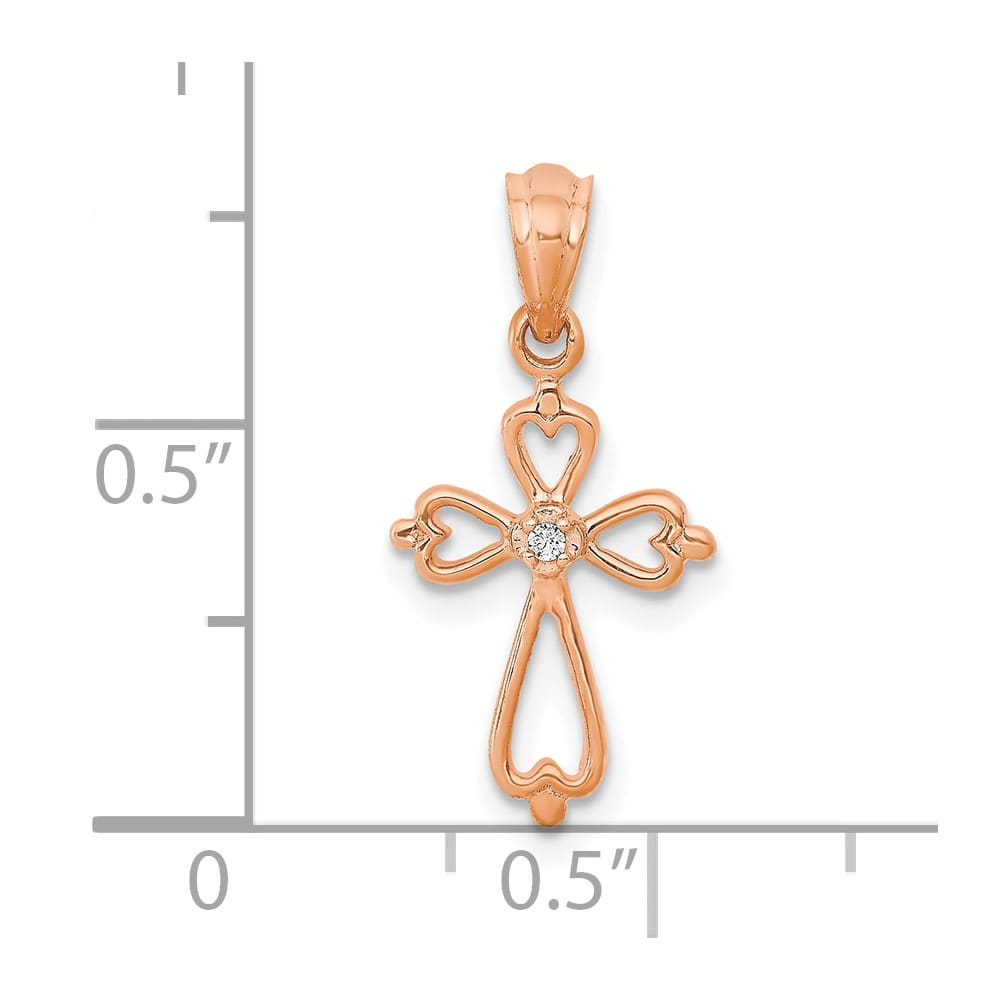 10K Rose Gold Solid Polished Medium Diamond Accented Cross Pendant
