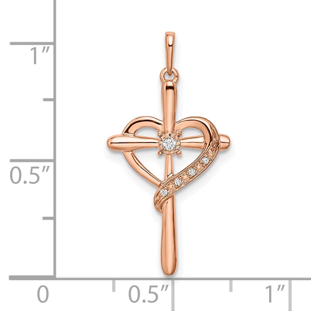 10K Rose Gold Solid Polished Medium Diamond Cross with Heart Pendant
