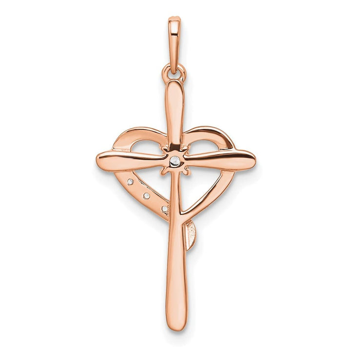 10K Rose Gold Solid Polished Medium Diamond Cross with Heart Pendant