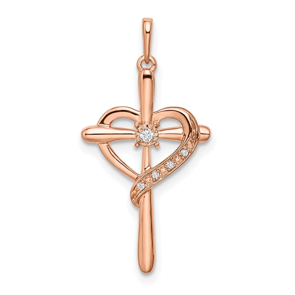 10K Rose Gold Solid Polished Medium Diamond Cross with Heart Pendant