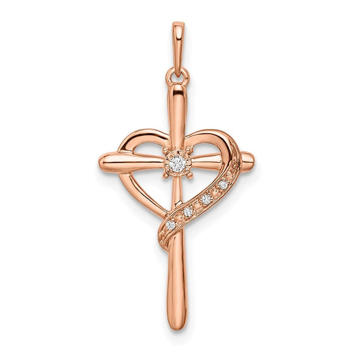 10K Rose Gold Solid Polished Medium Diamond Cross with Heart Pendant