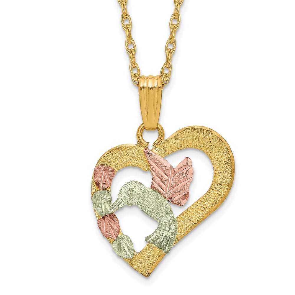 10K Tri-Color Black Hills Gold Hummingbird in Heart 18 inch Necklace