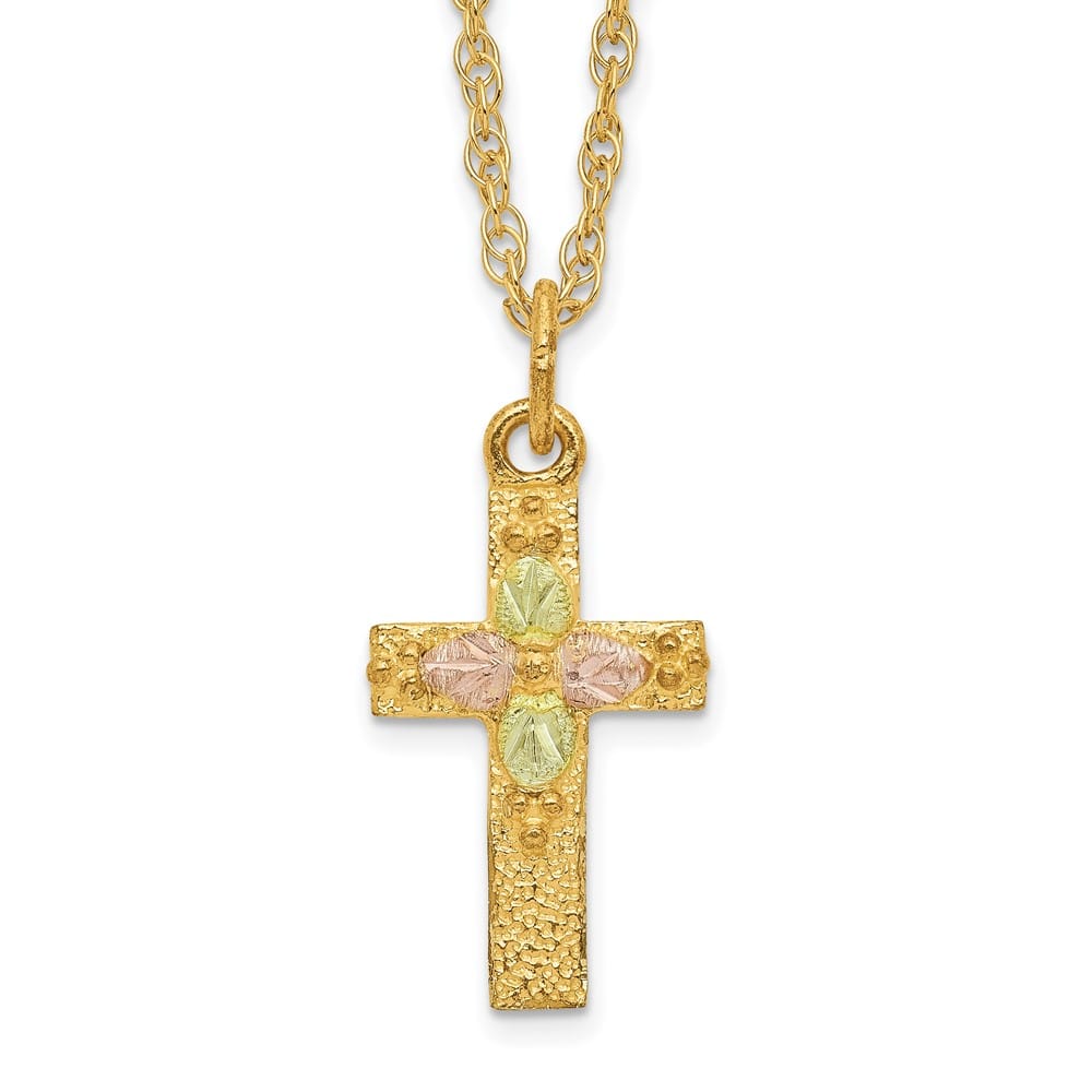 10K Tri-Color Black Hills Gold Leaves on Cross 18 inch Necklace
