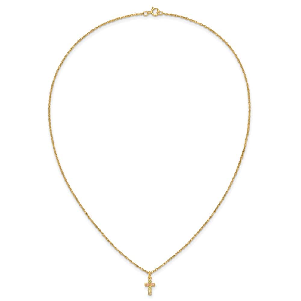 10K Tri-Color Black Hills Gold Leaves on Small Cross 18 inch Necklace