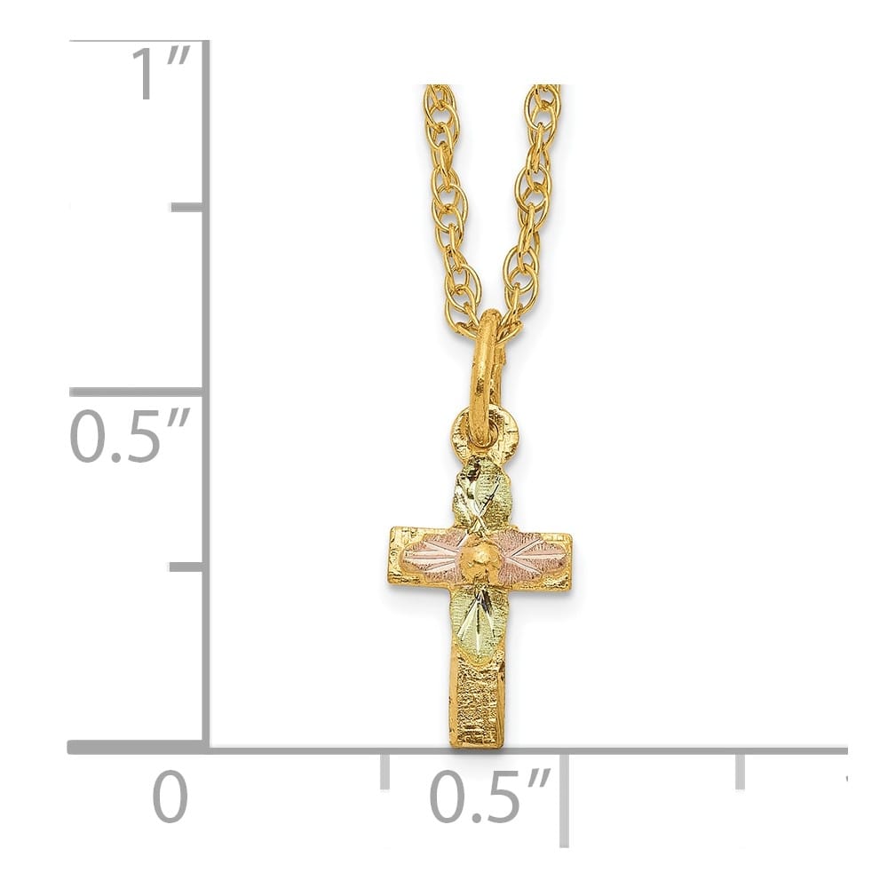 10K Tri-Color Black Hills Gold Leaves on Small Cross 18 inch Necklace