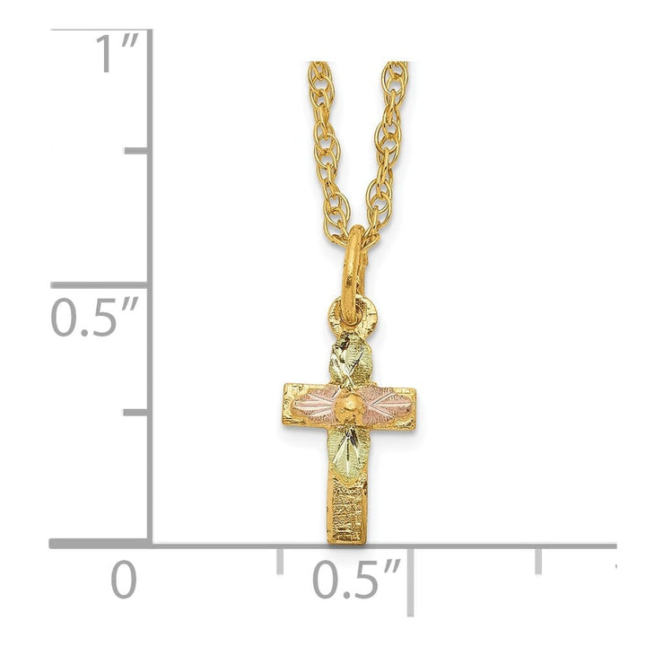 10K Tri-Color Black Hills Gold Leaves on Small Cross 18 inch Necklace